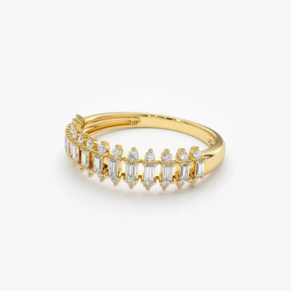 14K Solid Gold Baguette and Round Diamond Prong Set Band Ring 0.56 ctw