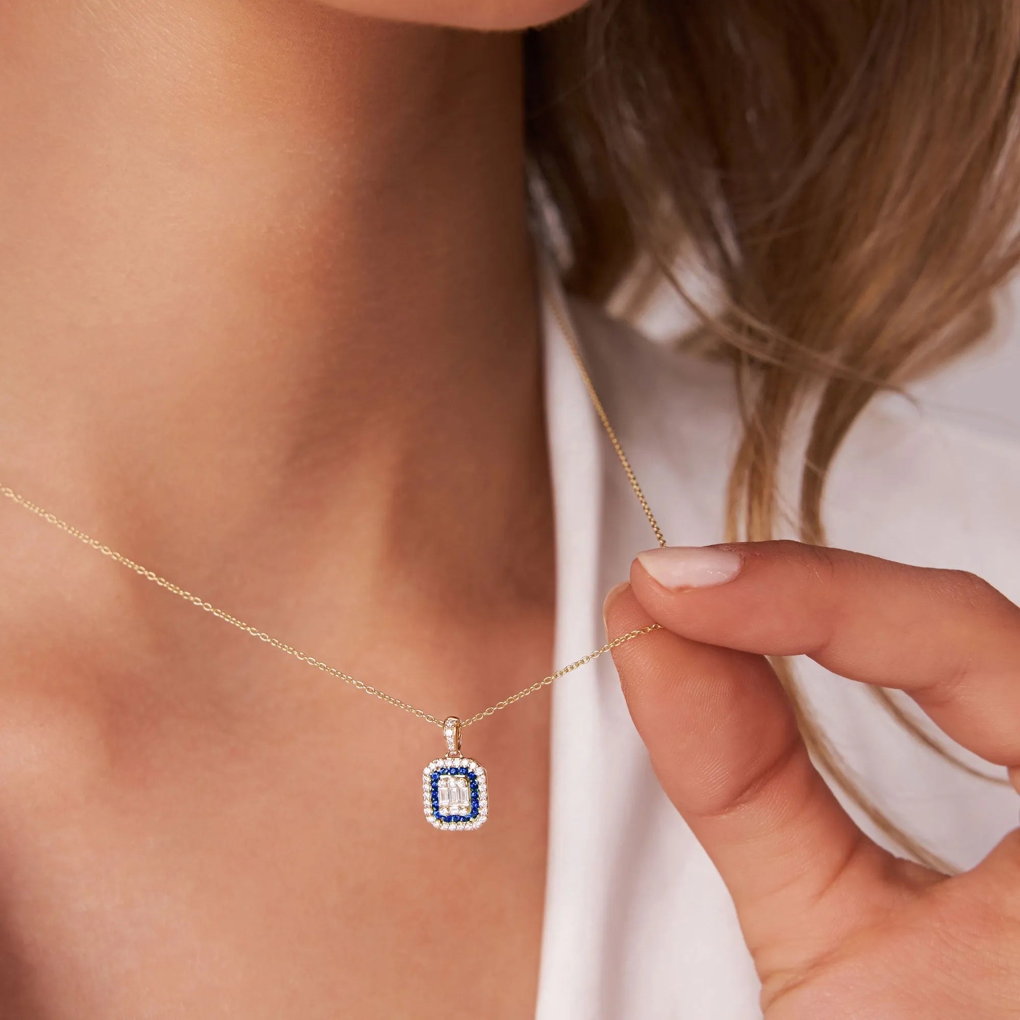 14k Solid Gold Sapphire and Diamond Round Baguette Halo Necklace 0.50 Carat