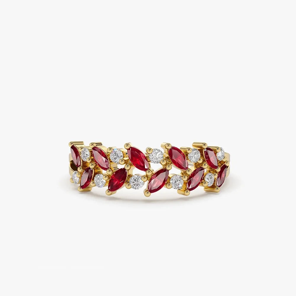 14k Gold Natural Ruby and Diamond Marquise and Round Cut Two Row Ring 0.65 ctw