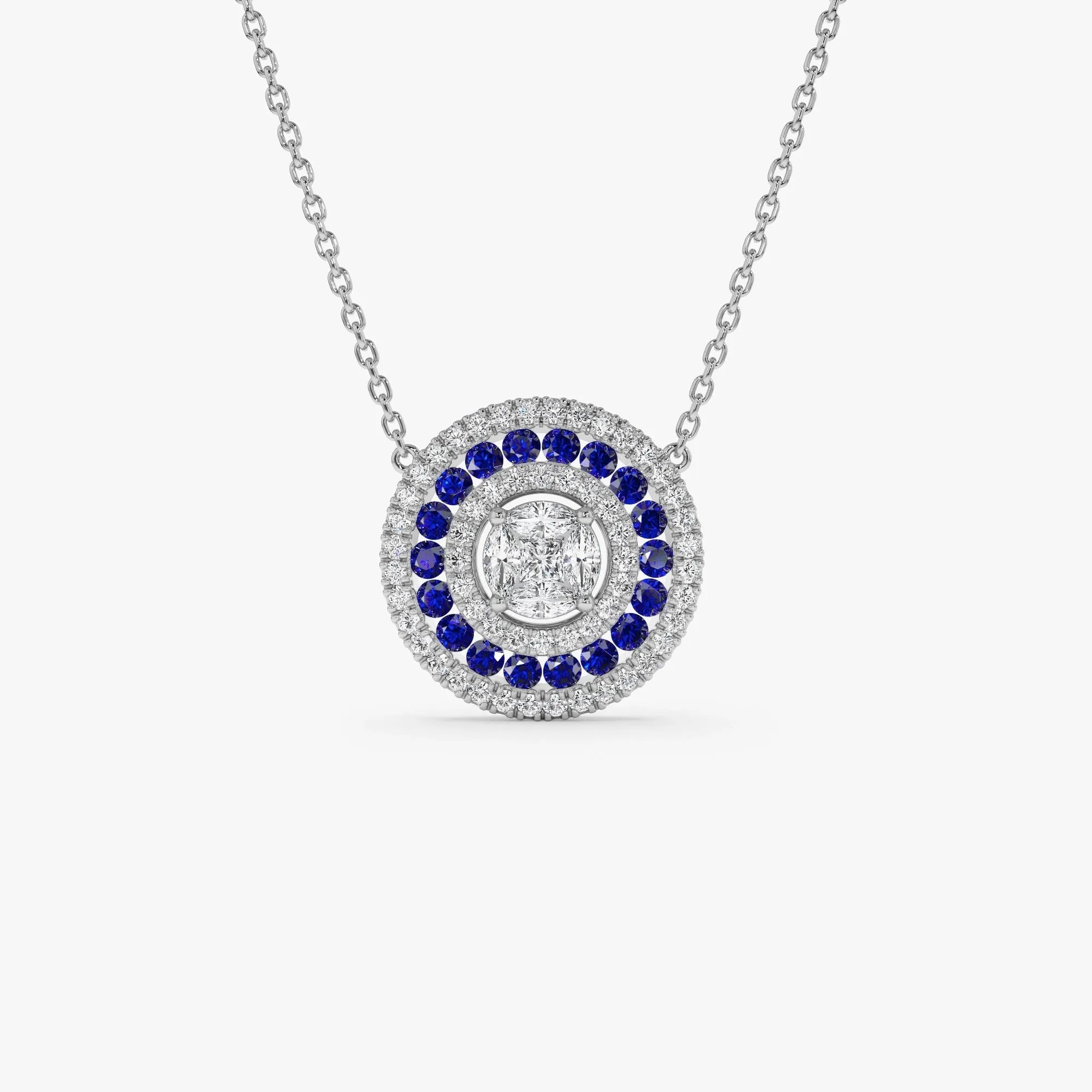 14k Solid Gold Sapphire and Diamond Round Princess Marquise Illusion Medallion Necklace 0.75 Carat