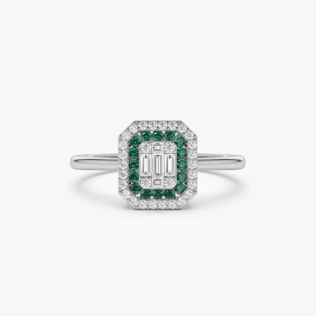14K Solid Gold Round Emerald and Baguette Diamond Halo Ring 0.47 CTW