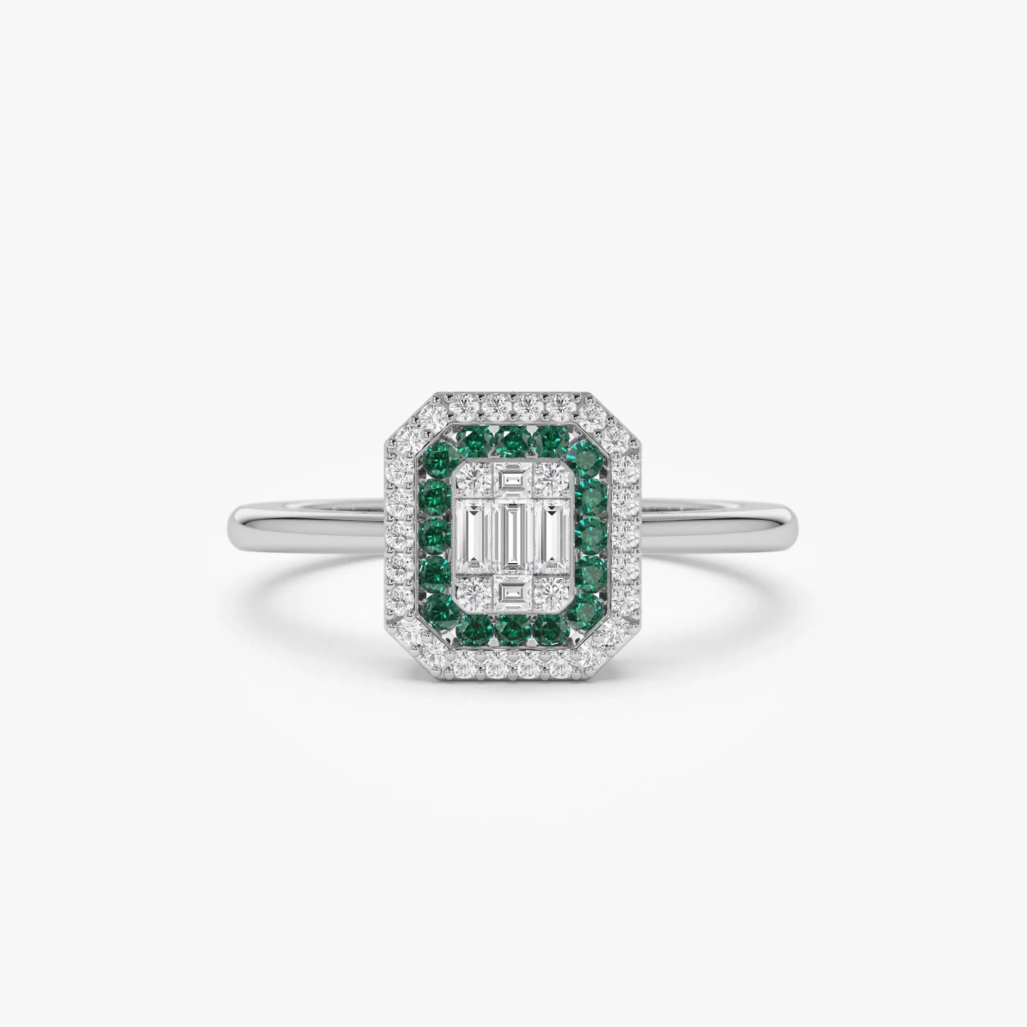 14K Solid Gold Round Emerald and Baguette Diamond Halo Ring 0.47 CTW