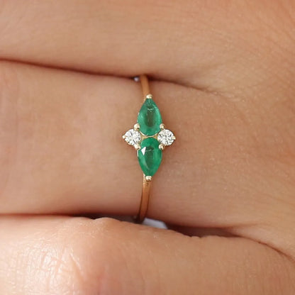 14K Solid Gold Pear Emerald and Round Diamond Cluster Ring 0.56 CTW Handcrafted Jewelry