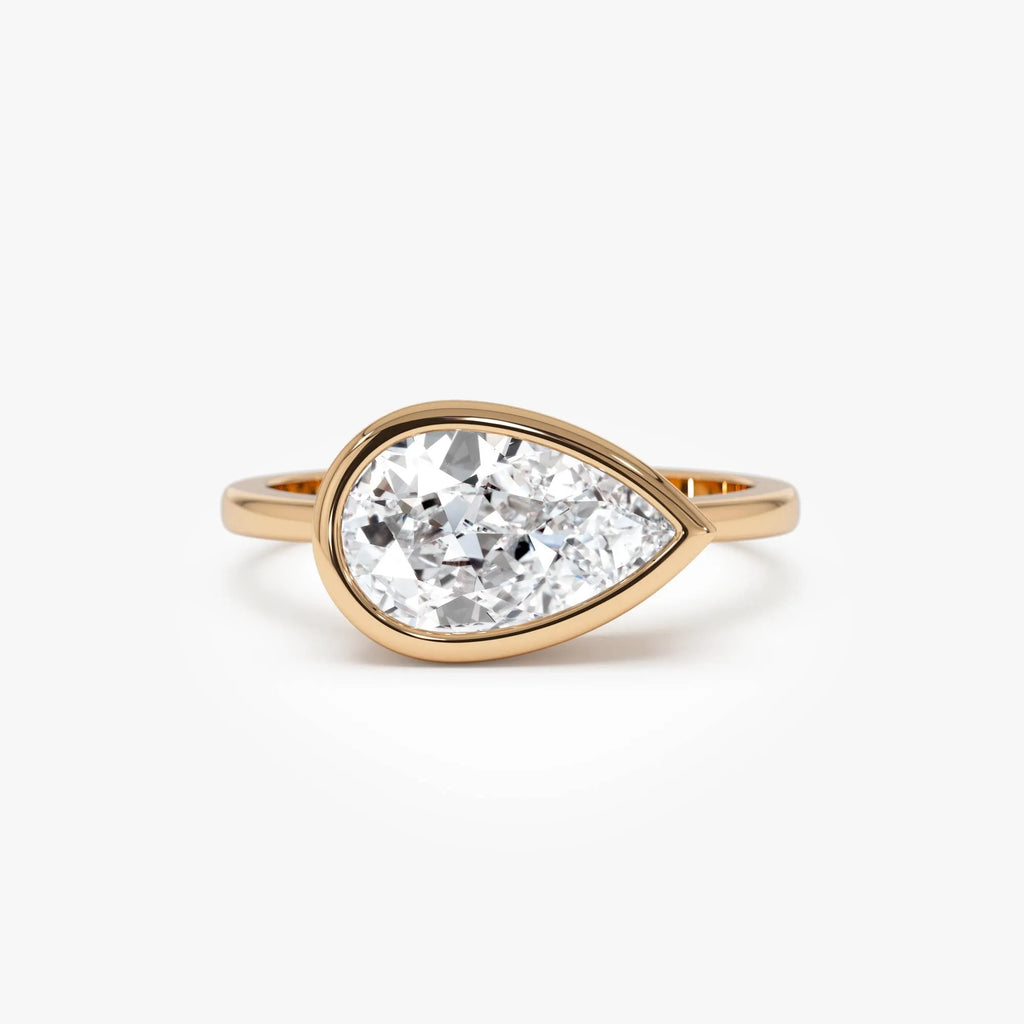 14K Gold 1.50 Carat Lab Grown Diamond Pear Shaped East West Bezel Setting Engagement Ring