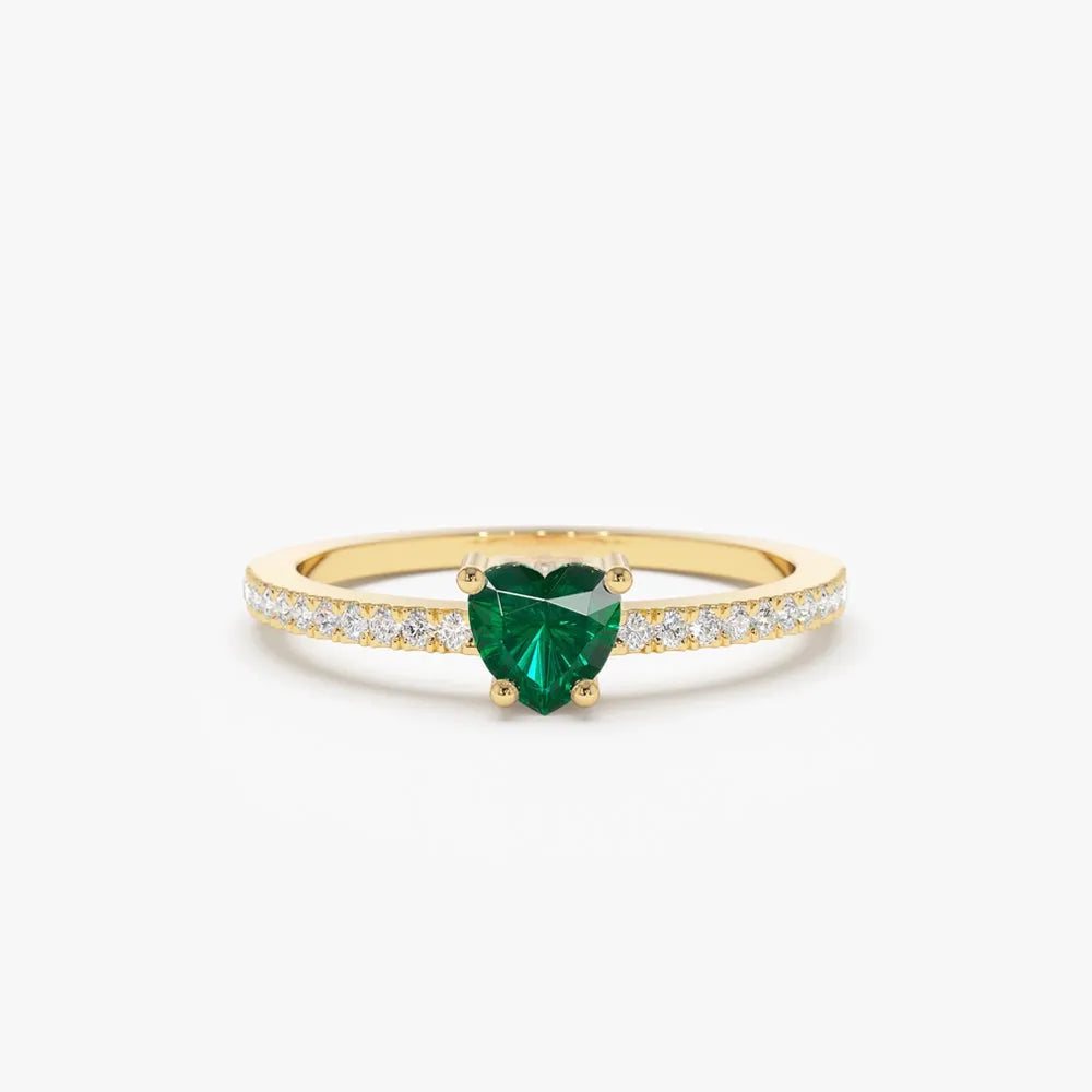 14K Solid Gold Heart Shaped Emerald and Round Diamond Ring 0.41 CTW Handcrafted Jewelry