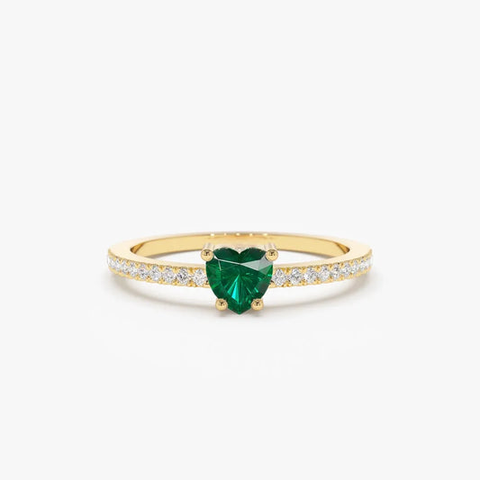 14K Solid Gold Heart Shaped Emerald and Round Diamond Ring 0.41 CTW Handcrafted Jewelry