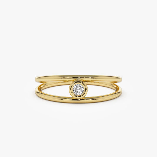 14K Solid Gold Round Diamond Double Band Bezel Set Solitaire Ring 0.07 Carat