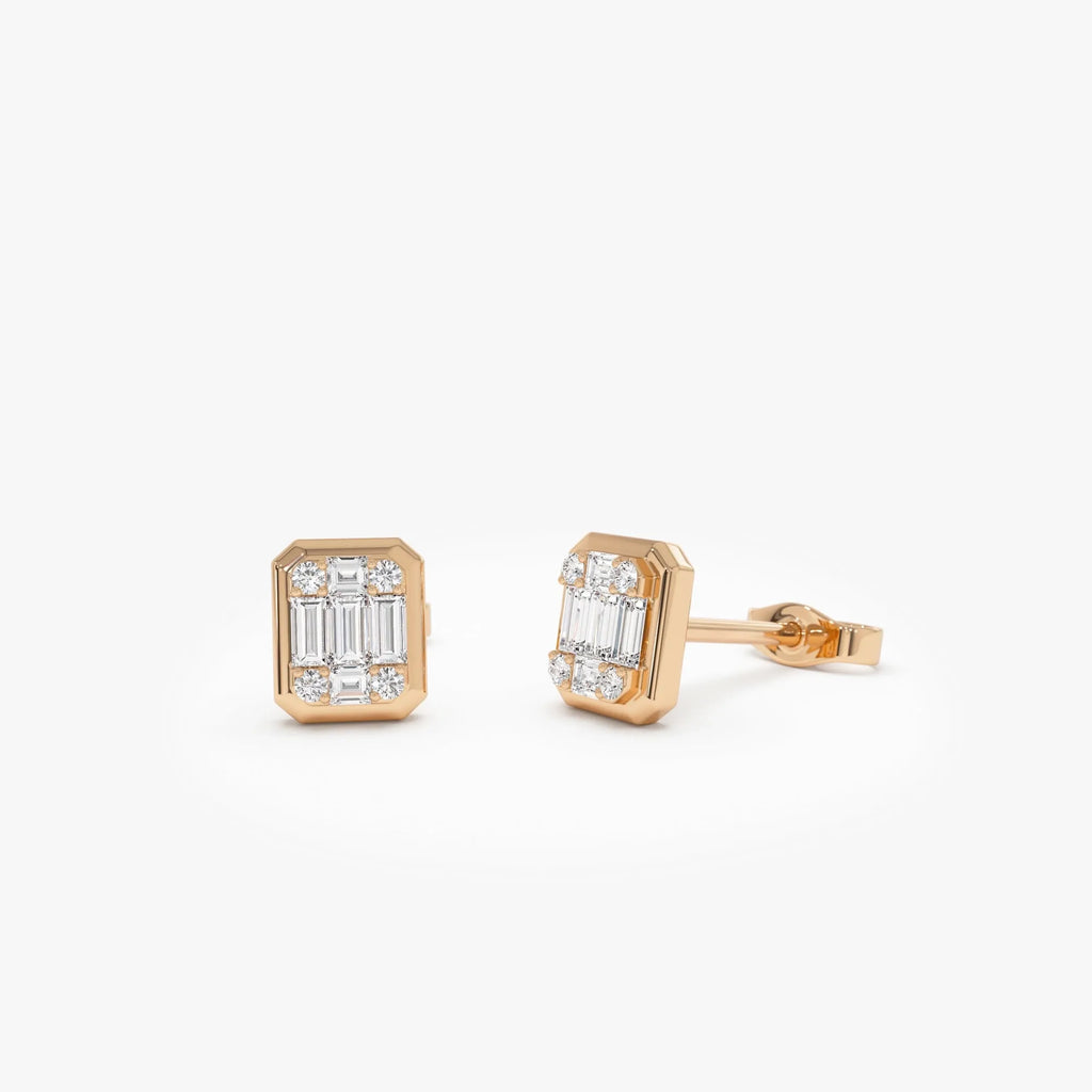 14k Gold Diamond Baguette and Round Cut Illusion Setting Stud Earrings 0.28 ctw