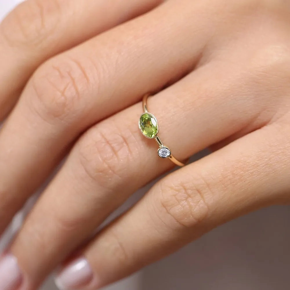 14K Solid Gold Oval Peridot and Diamond 0.56ctw Bezel Set Ring