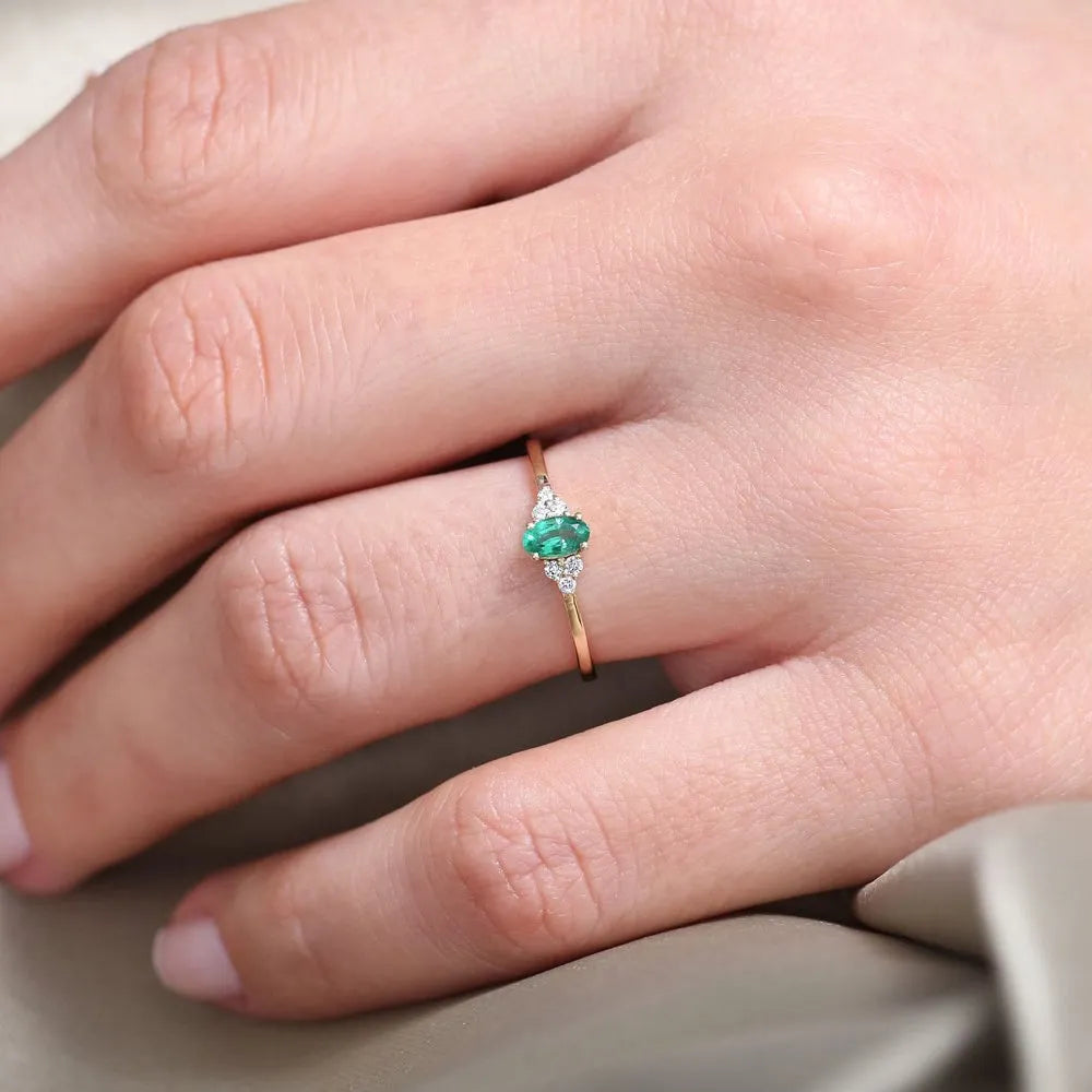 14K Gold Oval Emerald and Round Diamond Ring 0.38 CTW Handcrafted Custom Jewelry
