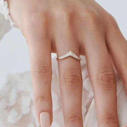 14K Gold 0.50 CTW Baguette Diamond Curved Tiara Ring Stackable Wedding Band
