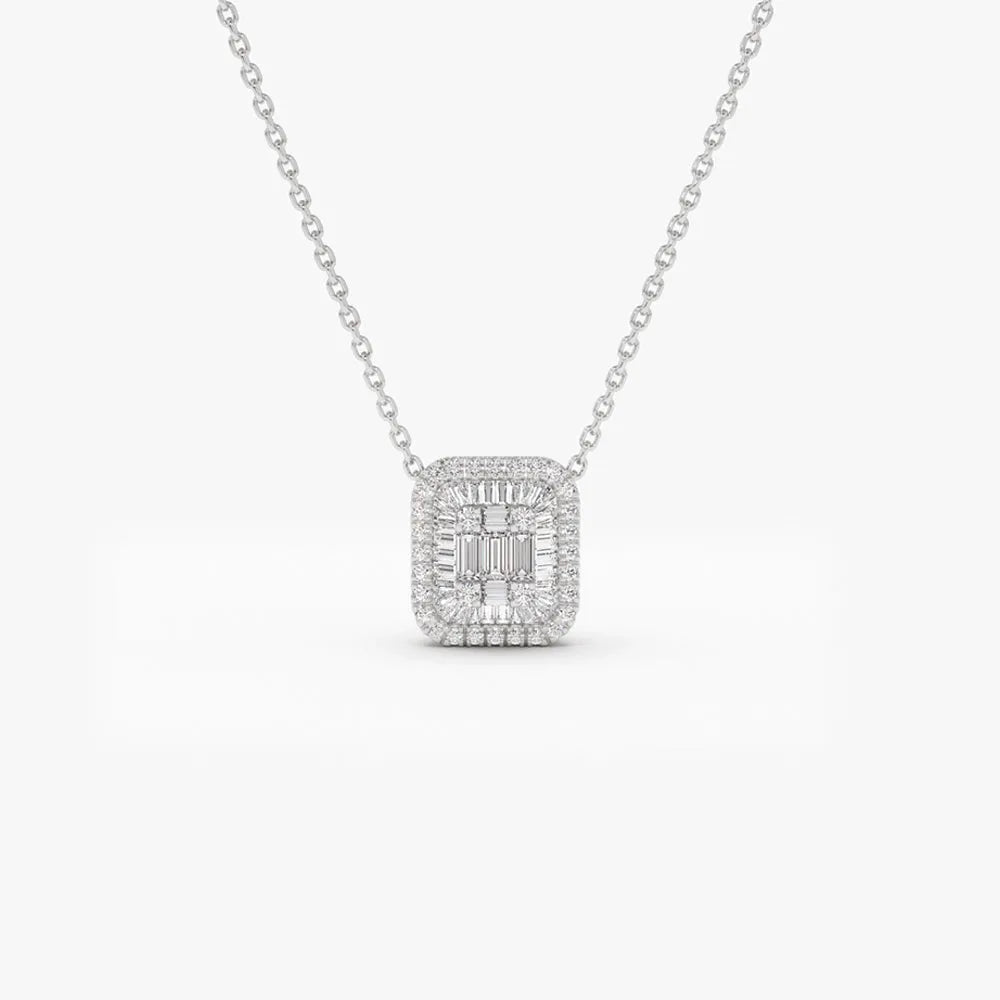 14K Solid Gold Baguette and Round Diamond Statement Necklace Prong and Channel Setting 0.47ctw