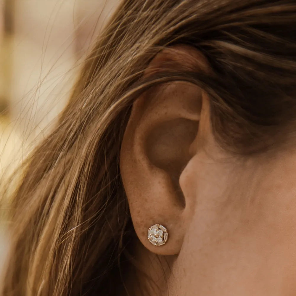 14k Gold Diamond Baguette and Round Cut Cluster Stud Earrings Prong Setting 0.55 ctw