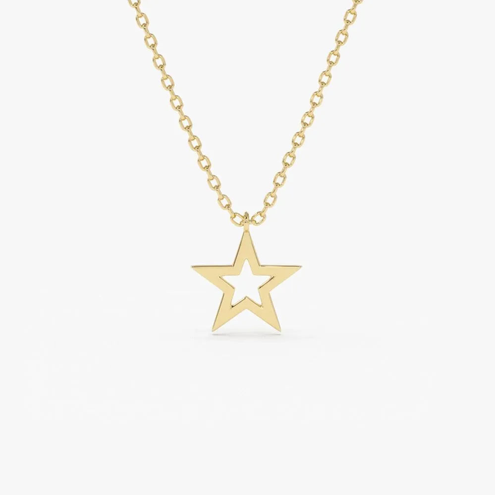 14k Solid Gold Star Charm Pendant Necklace Lucky Star Symbol