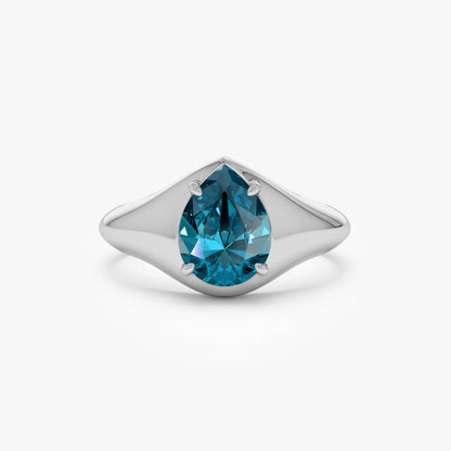 14K Solid Gold Pear Shaped London Blue Topaz 1.15ctw Statement Ring