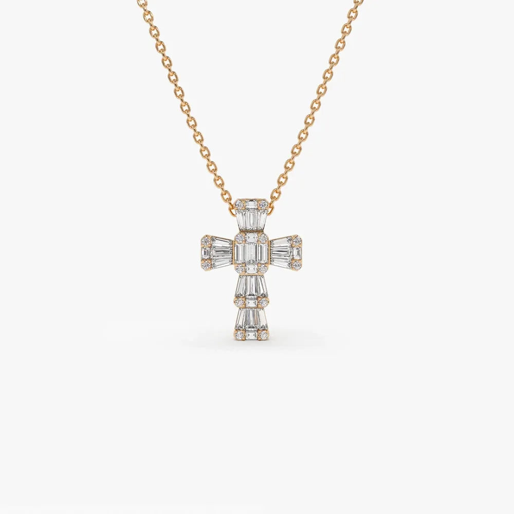 14k Solid Gold Baguette and Round Diamond 0.26 CTW Illusion Setting Cross