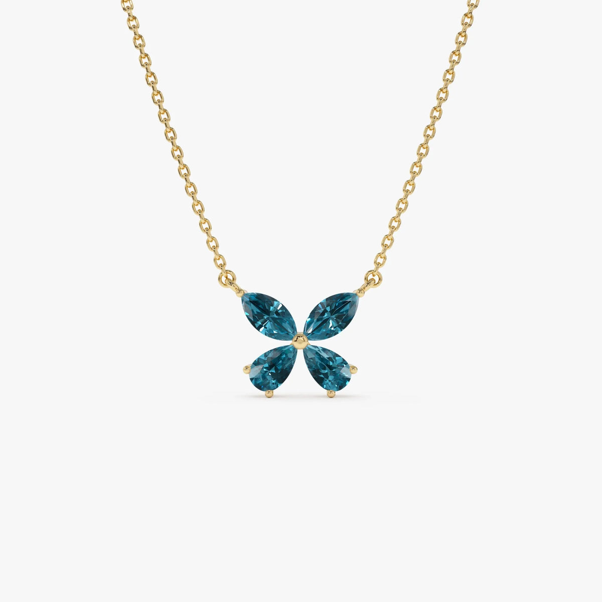 14k Solid Gold London Blue Topaz Pear and Marquise Butterfly Necklace 1.21 Carat