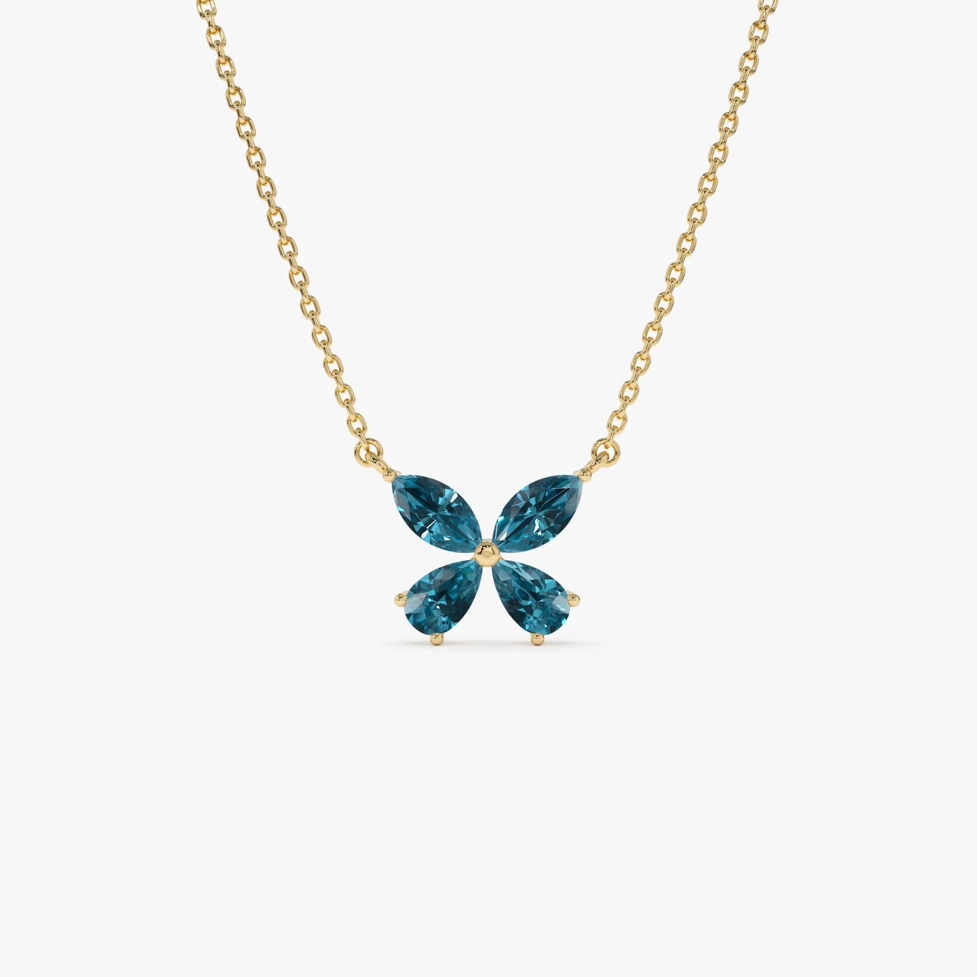 14k Solid Gold London Blue Topaz Pear and Marquise Butterfly Necklace 1.21 Carat