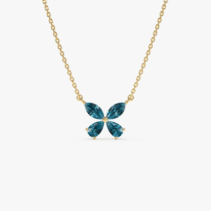 14k Solid Gold London Blue Topaz Pear and Marquise Butterfly Necklace 1.21 Carat
