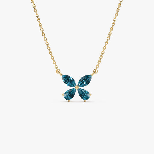 14k Solid Gold London Blue Topaz Pear and Marquise Butterfly Necklace 1.21 Carat