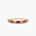 14k Gold Ruby and Diamond Baguette and Round Cut Milgrain Bezel Ring 0.47 ctw