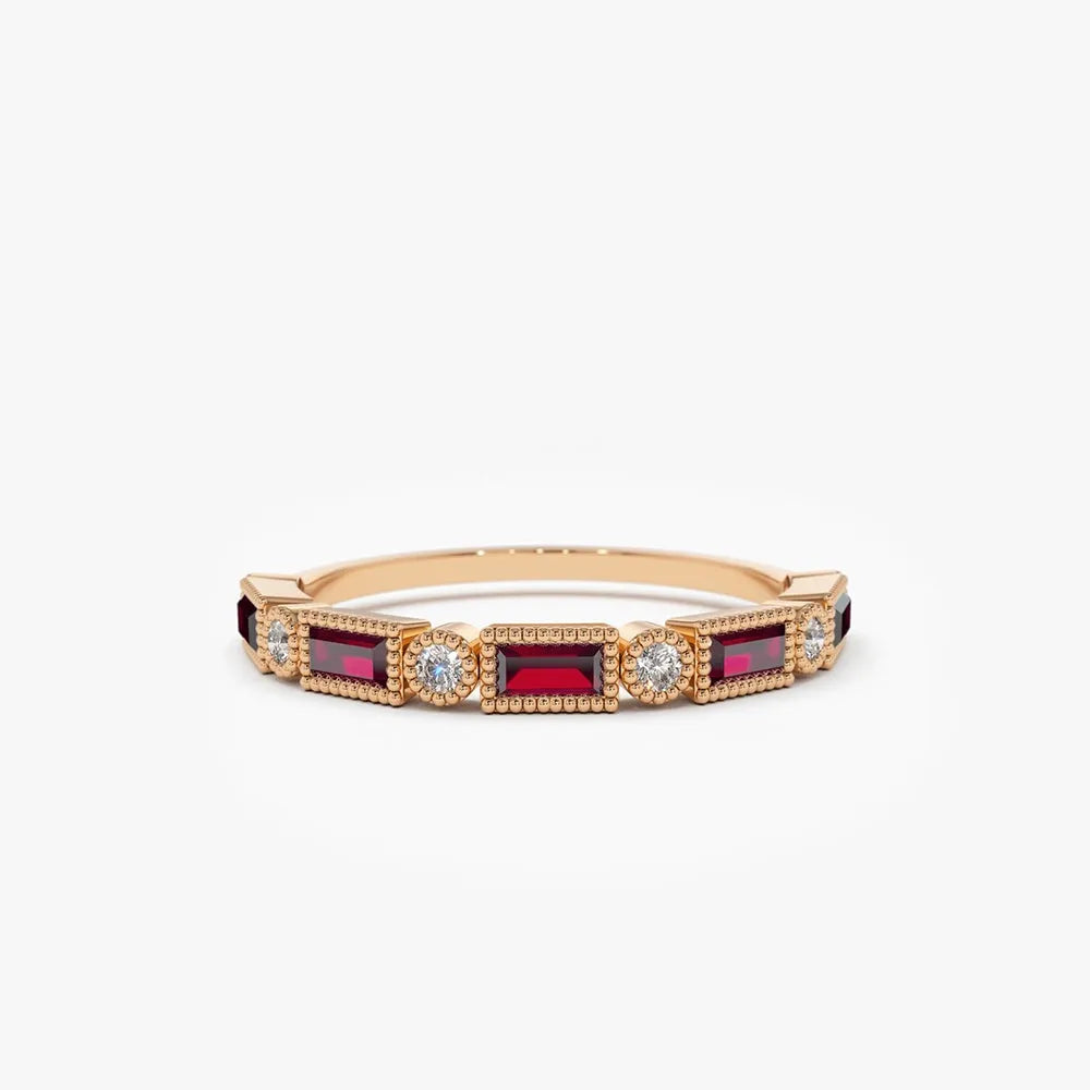14k Gold Ruby and Diamond Baguette and Round Cut Milgrain Bezel Ring 0.47 ctw