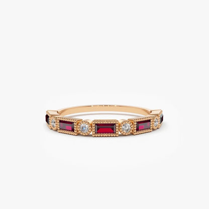 14k Gold Ruby and Diamond Baguette and Round Cut Milgrain Bezel Ring 0.47 ctw