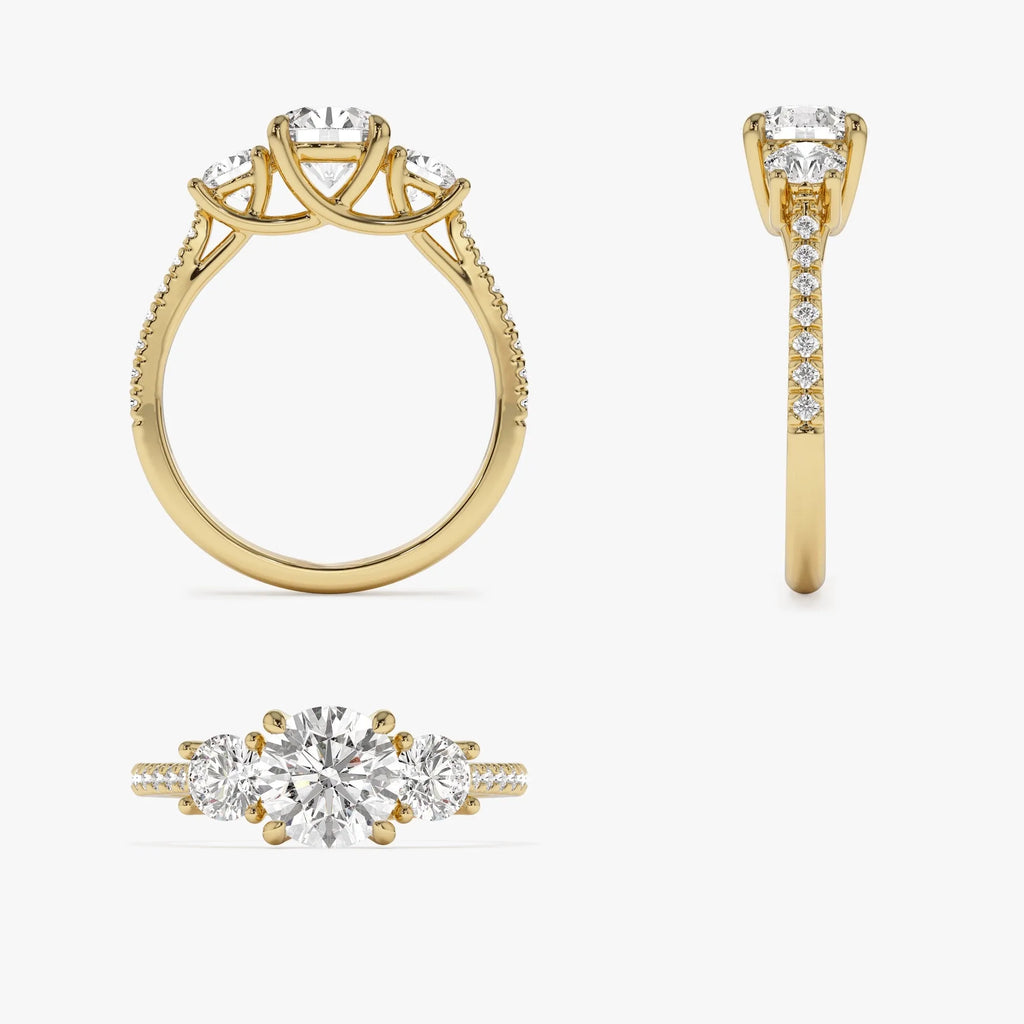 14k Gold Lab Grown Diamond Round Engagement Ring 1.65 CTW Three Stone Pave Shank