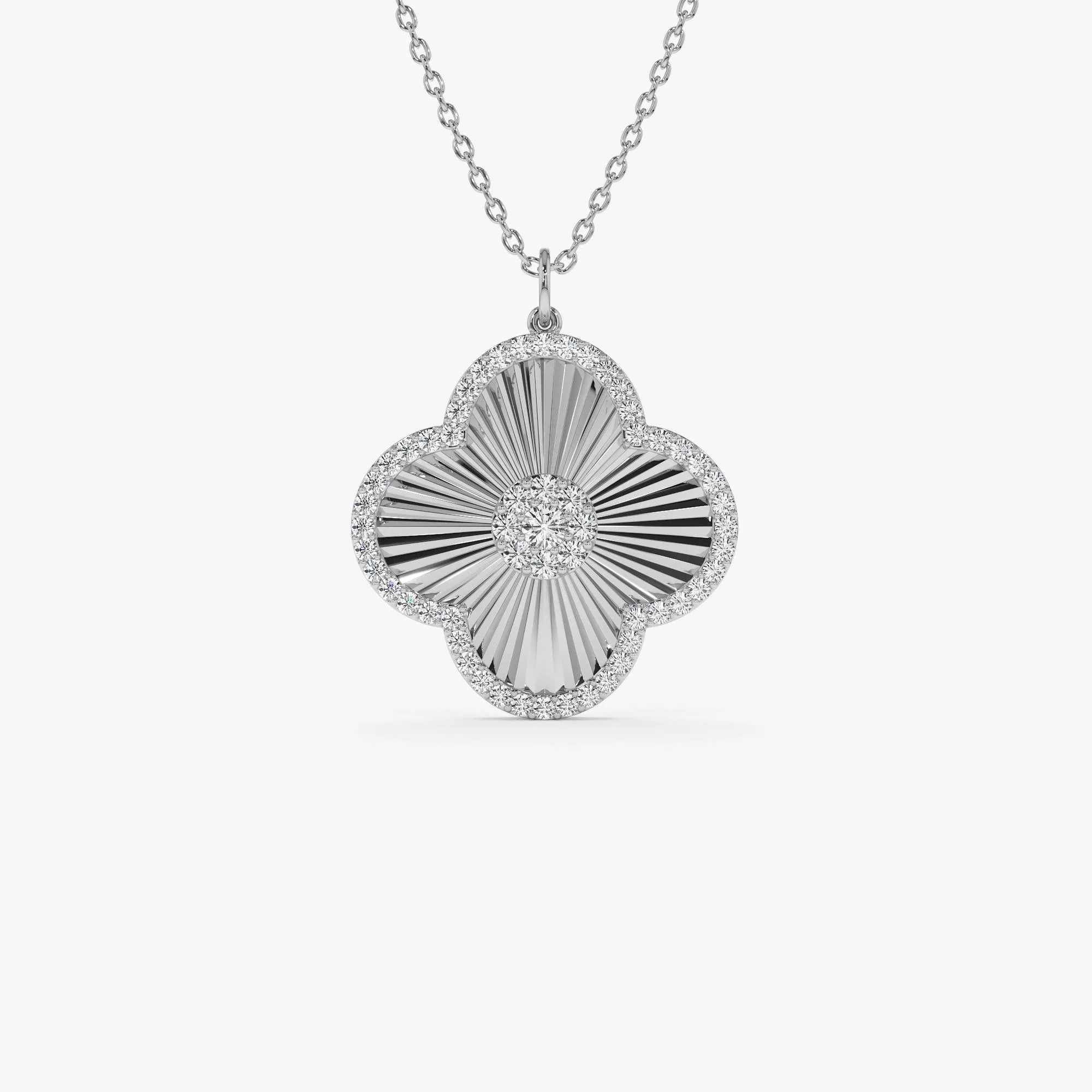 14K Solid Gold 0.38 CTW Round Diamond Textured Clover Charm Pendant Necklace