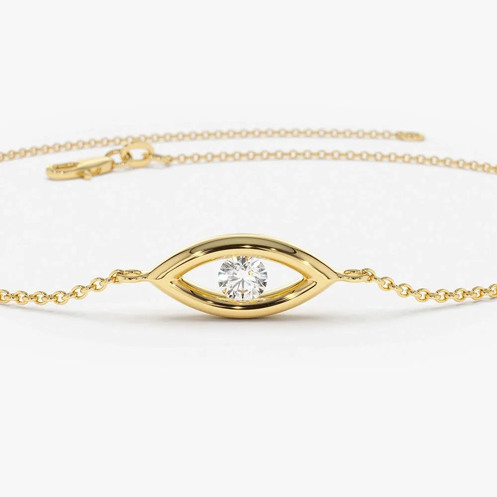 14K Solid Gold Round Diamond Evil Eye Bracelet Channel Setting 0.08 Carat