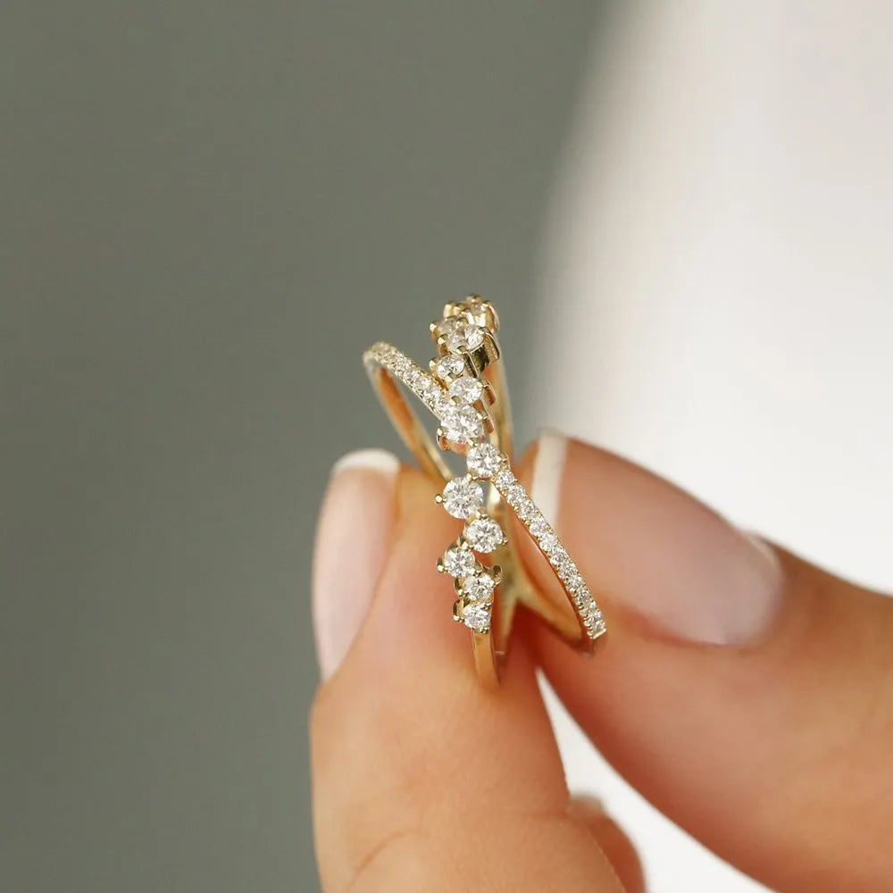 14k Gold Round Diamond Criss Cross Cluster Ring 0.53ctw Micro Pave Setting