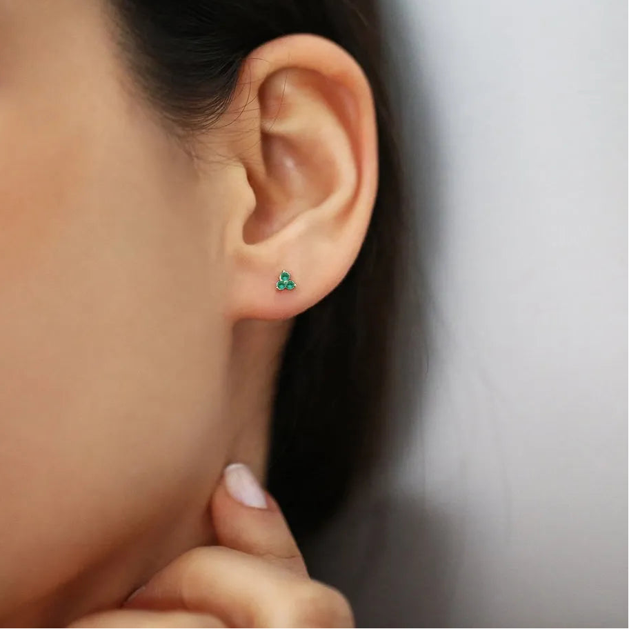 14K Solid Gold Round Emerald Trio Stud Earrings 0.14ctw Prong Setting