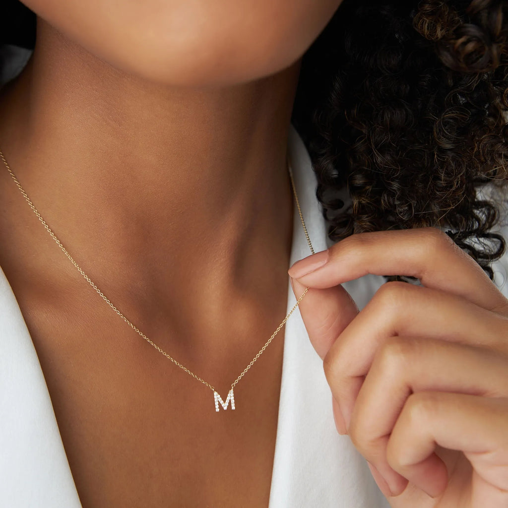 14k Solid Gold Round Diamond 0.13 to 0.18 CTW Micro Pave Initial Pendant Necklace