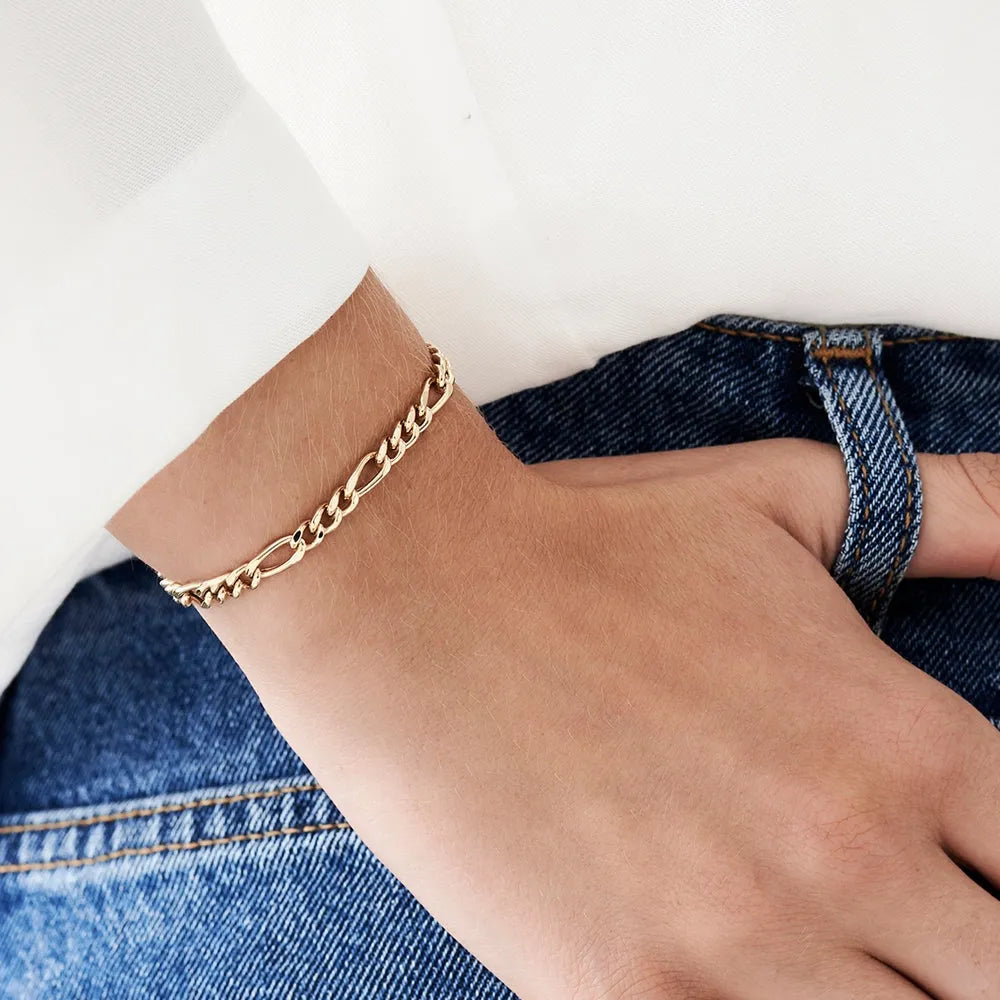 14k Yellow Gold Figaro Link Chain Bracelet with Lobster Clasp