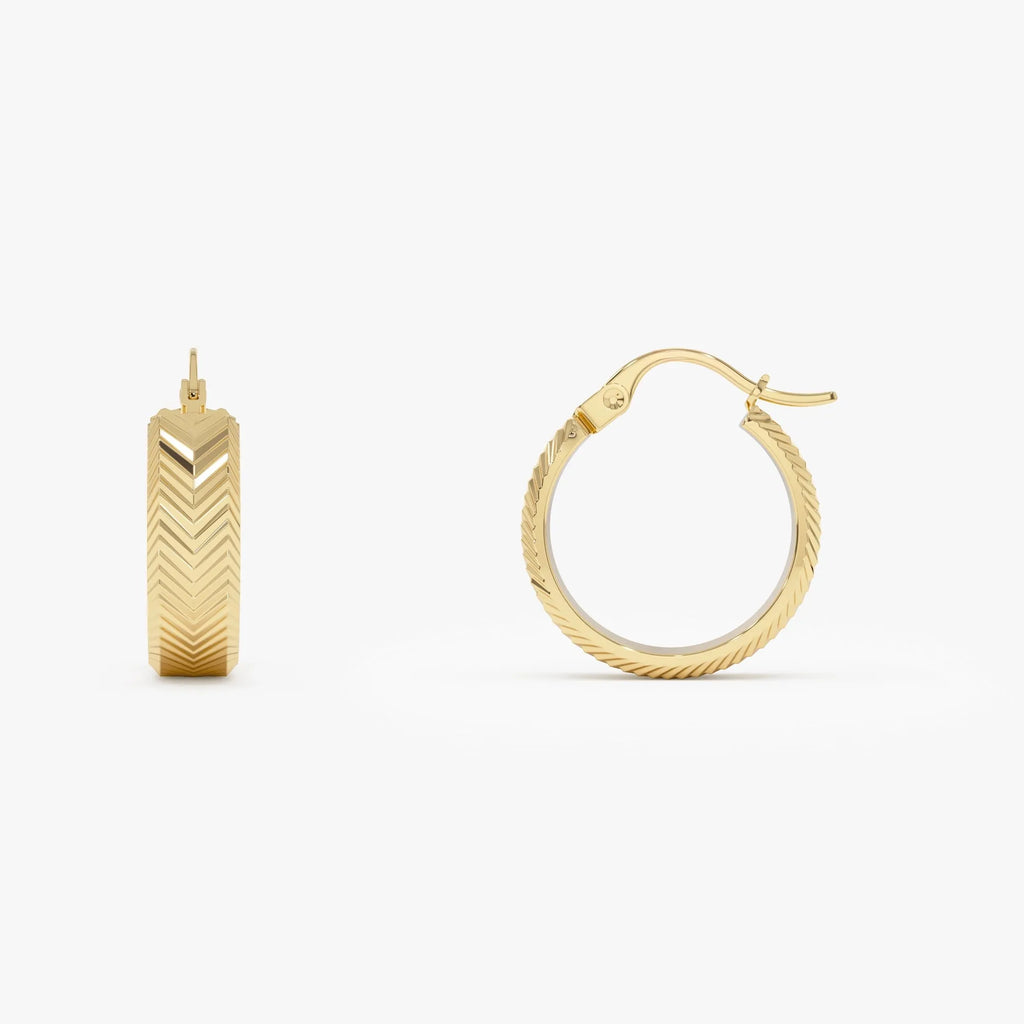 14k Yellow Gold Diamond Cut Textured Hoop Earrings