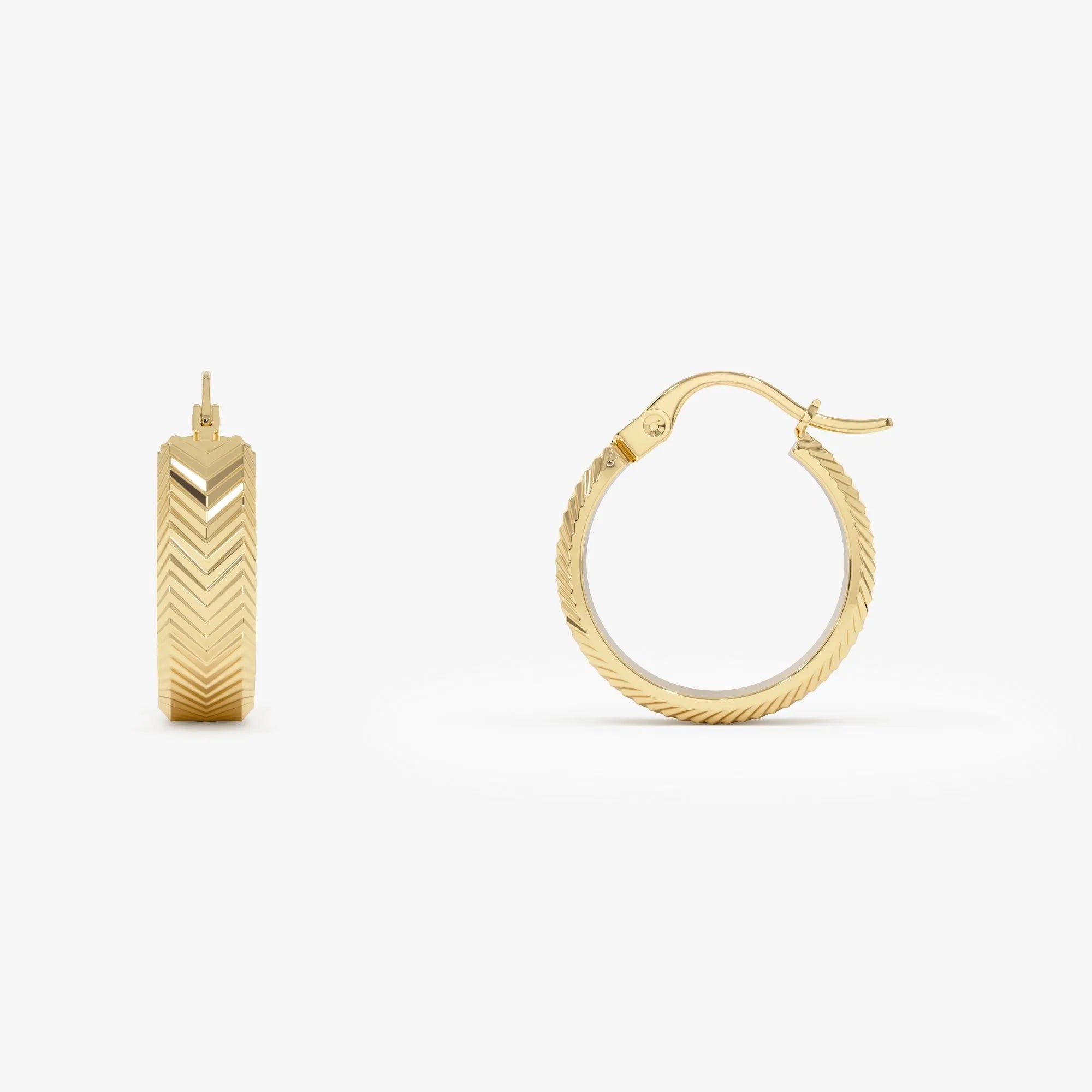 14k Yellow Gold Diamond Cut Textured Hoop Earrings
