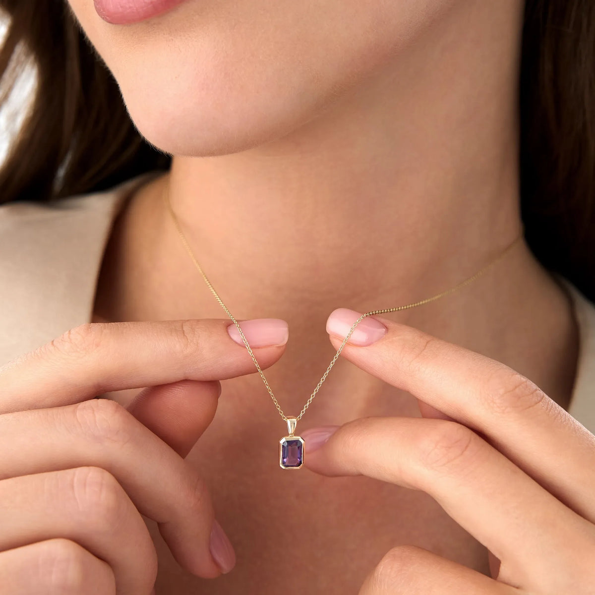 14k Solid Gold Amethyst Emerald Cut Vertical Pendant 1.00 Carat Bezel Setting