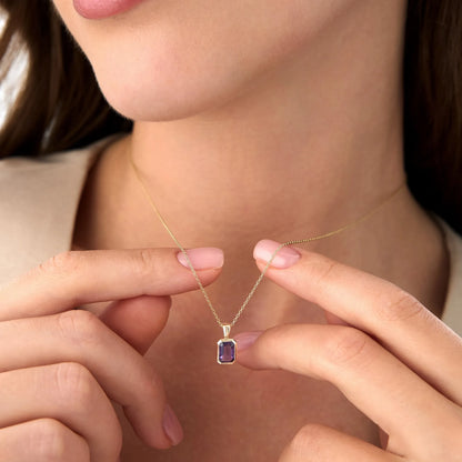14k Solid Gold Amethyst Emerald Cut Vertical Pendant 1.00 Carat Bezel Setting