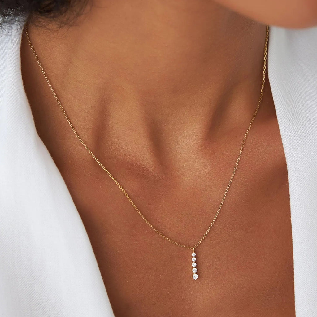 14K Solid Gold 0.22 CTW Round Diamond Bar Necklace