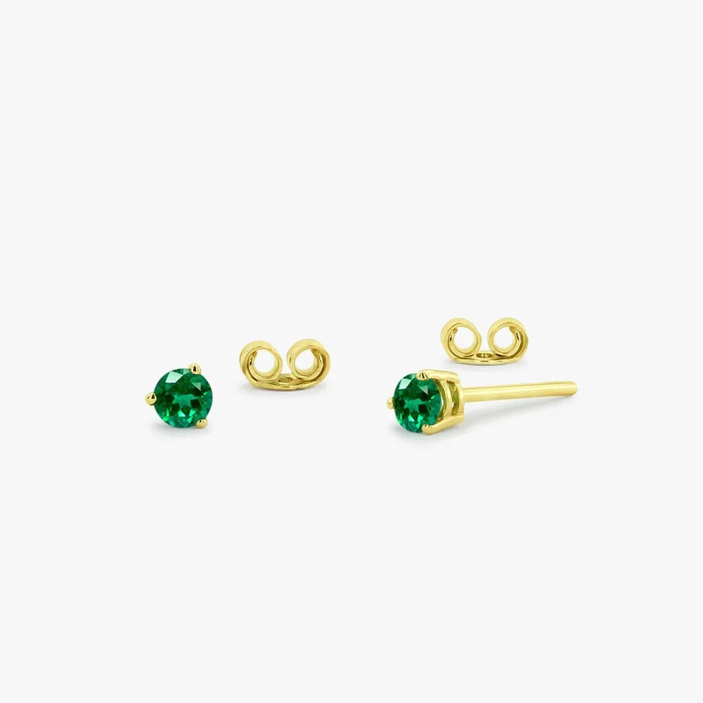 14K Gold Round Cut Emerald 3 Prong Stud Earrings 0.41ctw