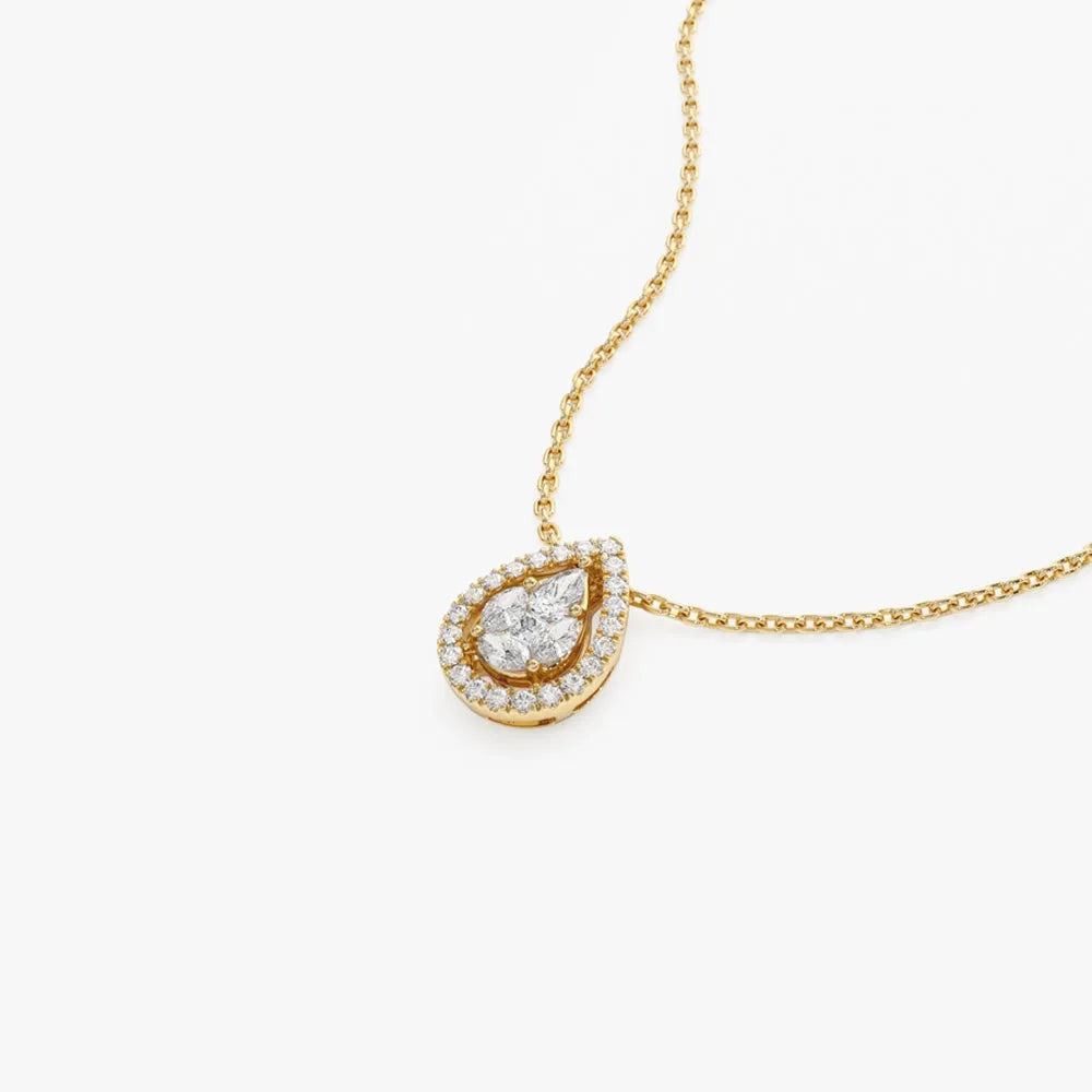 14K Solid Gold Pear Shape Diamond Illusion Setting Halo Pendant Necklace 0.25ctw