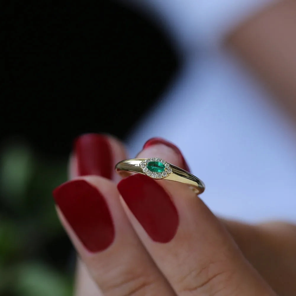 14K Gold Marquise Emerald and Round Diamond Halo Ring 0.17 CTW Handcrafted Jewelry
