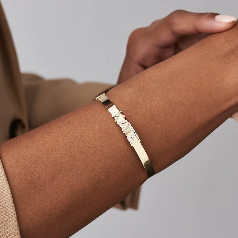 14K Solid Gold Round Diamond Sliding Initial Bangle