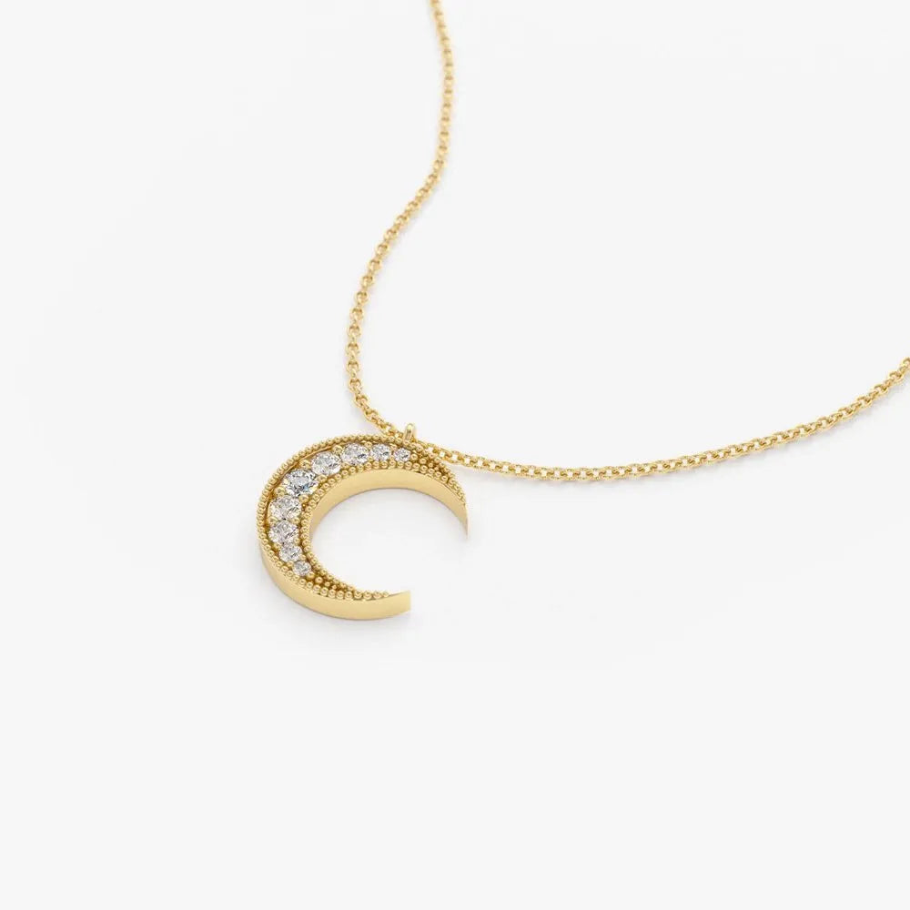 14K Solid Gold Round Diamond Micro Pave Mini Crescent Moon Necklace 0.12cttw