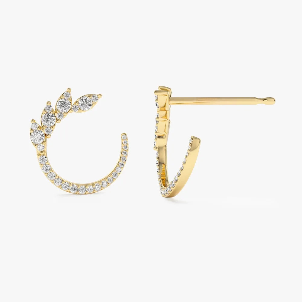 14k Gold Diamond Round Cut Marquise Shape Cluster Stud Earrings Prong Setting 0.60 ctw