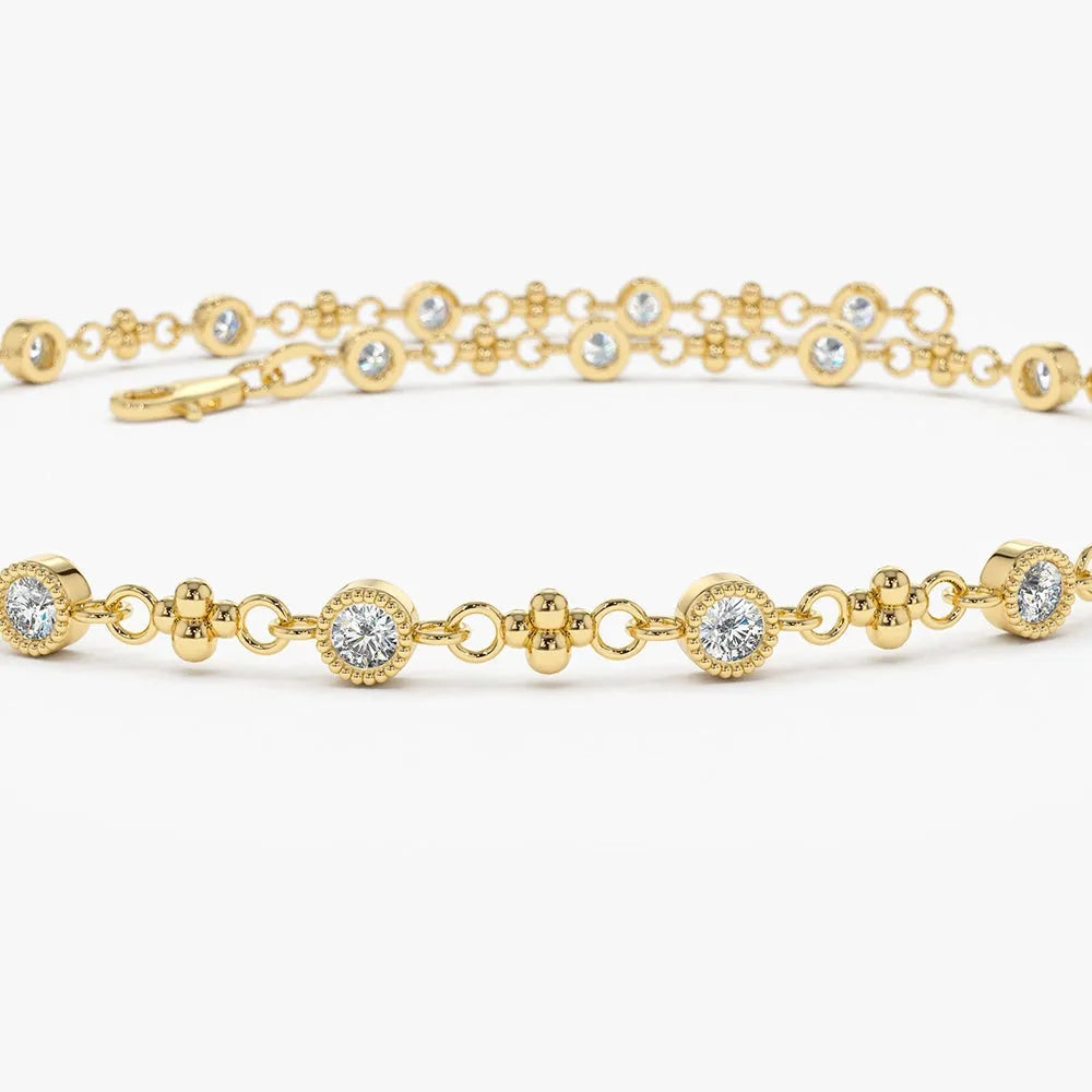 14K Solid Gold 0.45 CTW Round Diamond Milgrain Bezel Set Bracelet