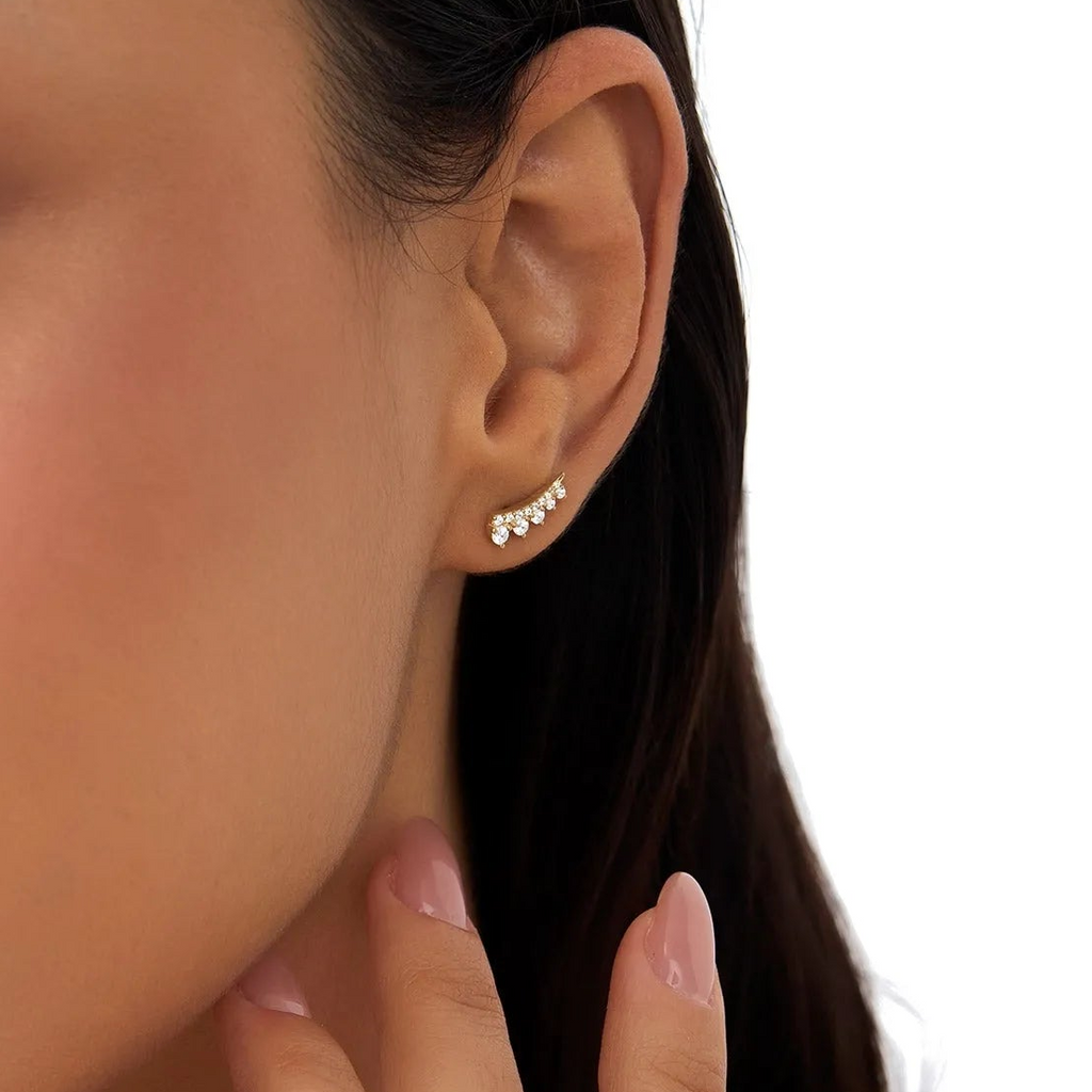 14k Gold Diamond Round Cut Graduating Ear Climber Stud Earrings 0.31 ctw