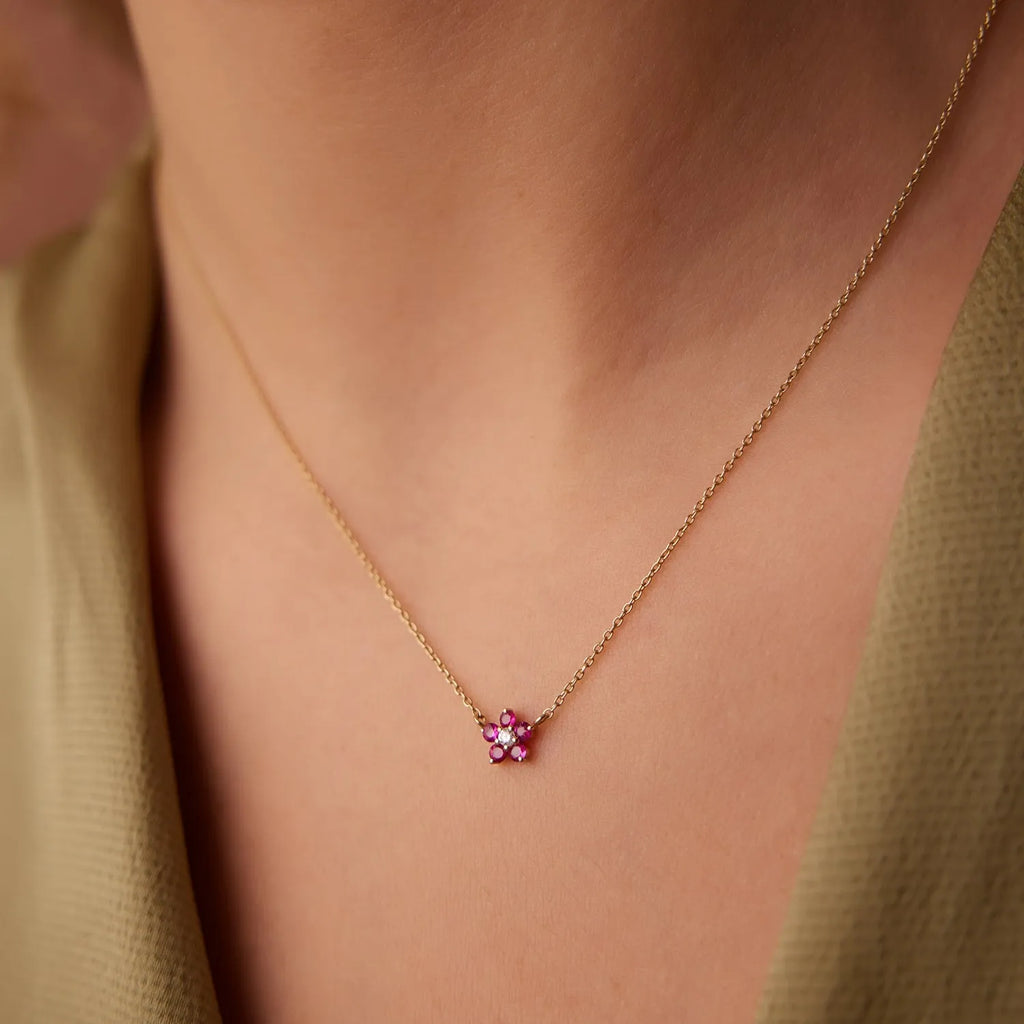 14k Solid Gold Ruby and Diamond Round Flower Charm Necklace 0.16 Carat Prong Setting