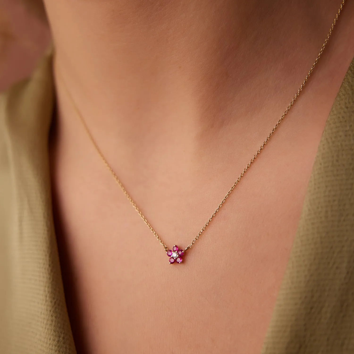 14k Solid Gold Ruby and Diamond Round Flower Charm Necklace 0.16 Carat Prong Setting