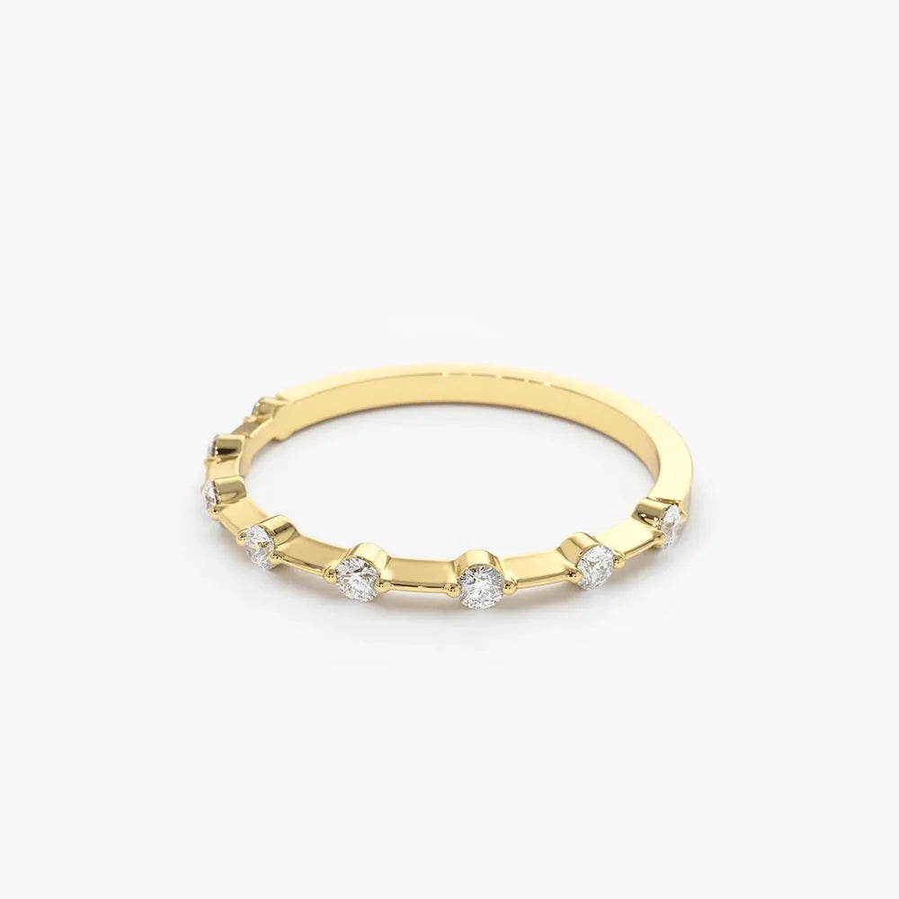 14K Solid Gold Round Diamond Petite Wedding Band 0.15 Carat Micro Prong Setting